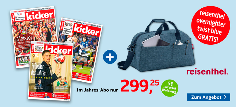 1-Jahres-Abo Kicker mit gratis reisenthel overnighter twist blue
