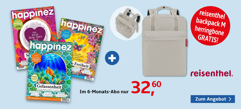 6-Monats-Abo der Zeitschrift happinez + gratis Allday Backpack
